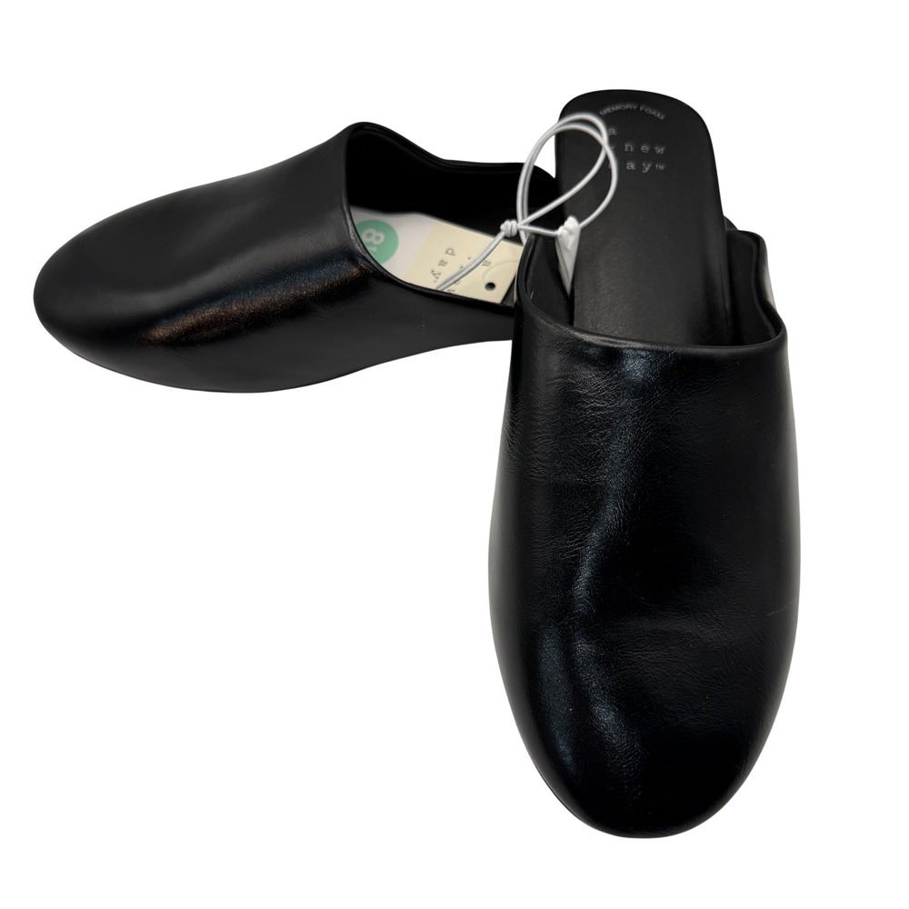 A New Day Karina Black Round Toe Mules Memory Foam Slip On Flats Womens 8.5